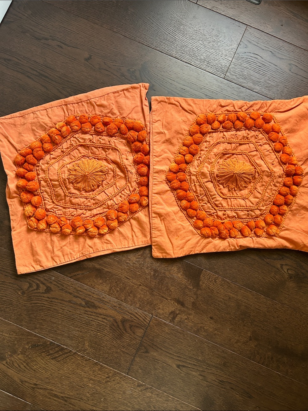 2 Pottery Barn pom pom pillow covers 20x20 orange set of two